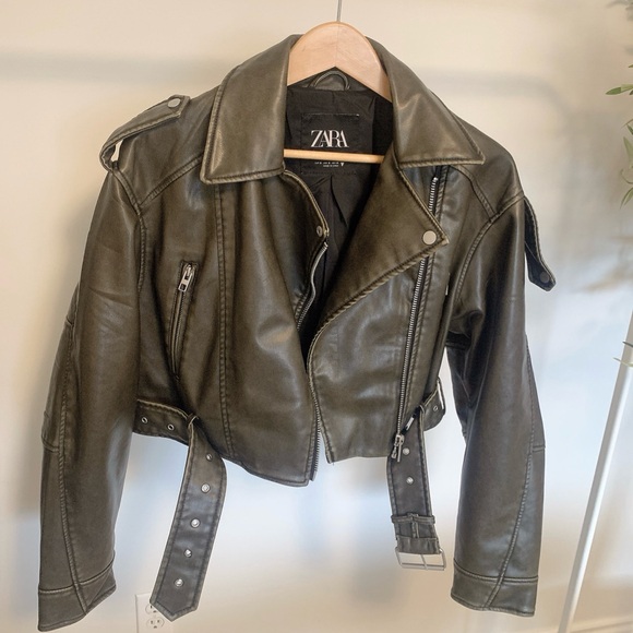 Zara Jackets & Blazers - ZARA Cropped PU Leather Biker Jacket Brown Olive | Size S | NWOT